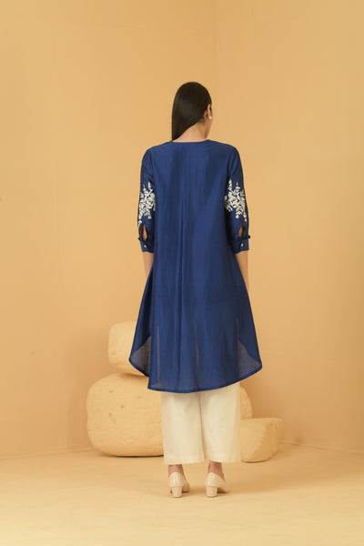 Blue chanderi asymetrical top with white palazo pants