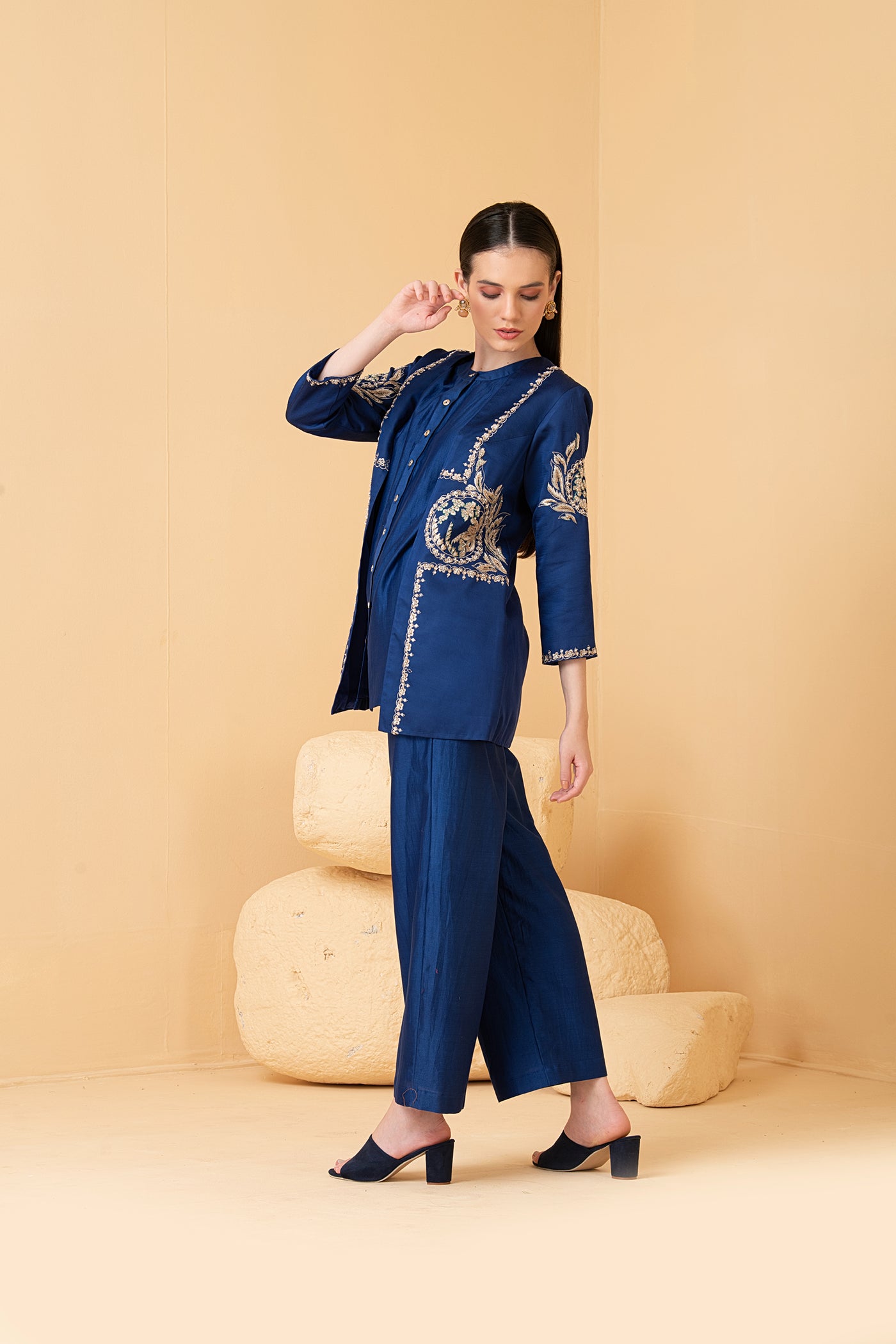 Blue modal satin jacket with chanderi sleeveless  top and chanderi pants