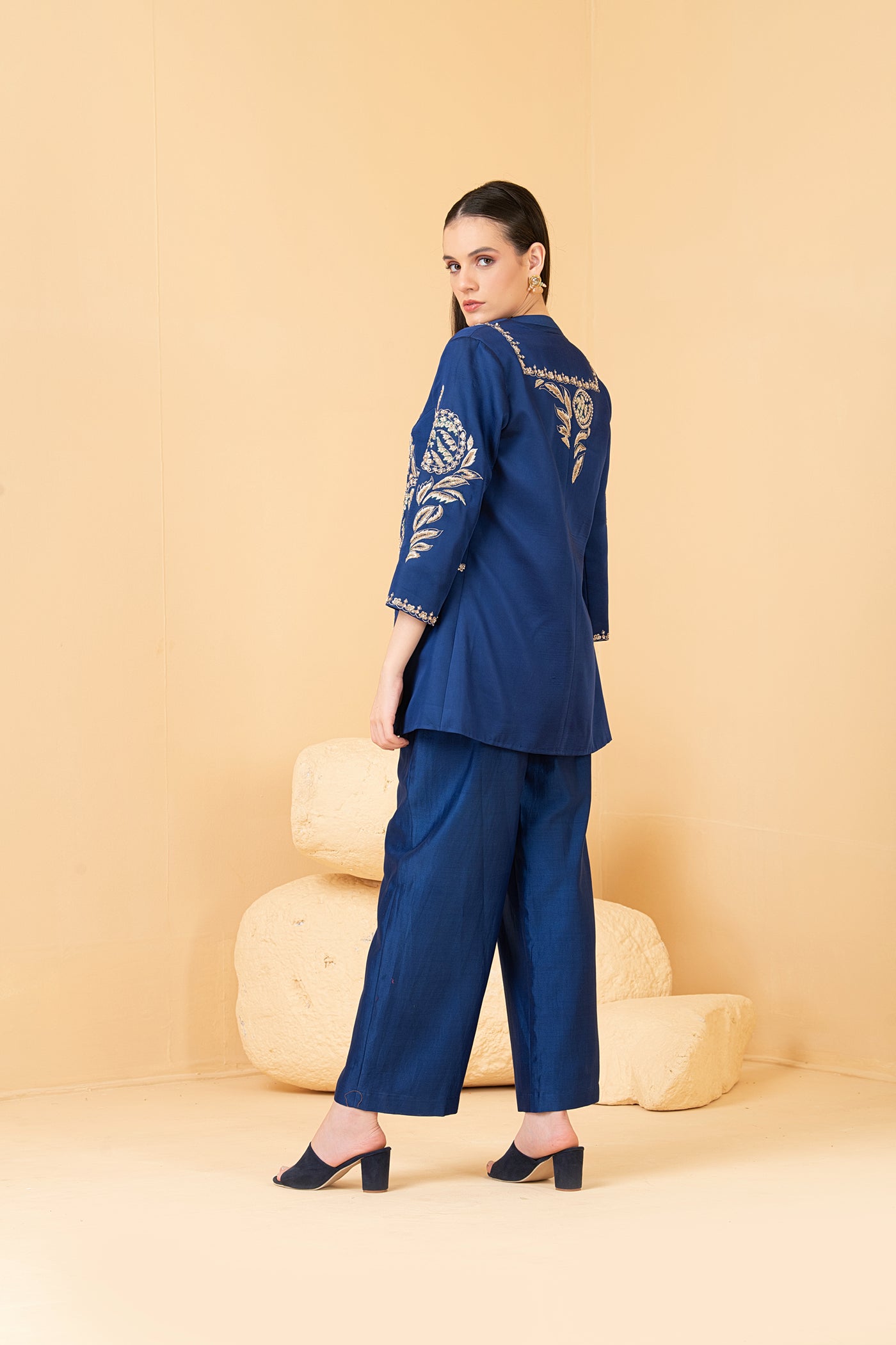 Blue modal satin jacket with chanderi sleeveless  top and chanderi pants