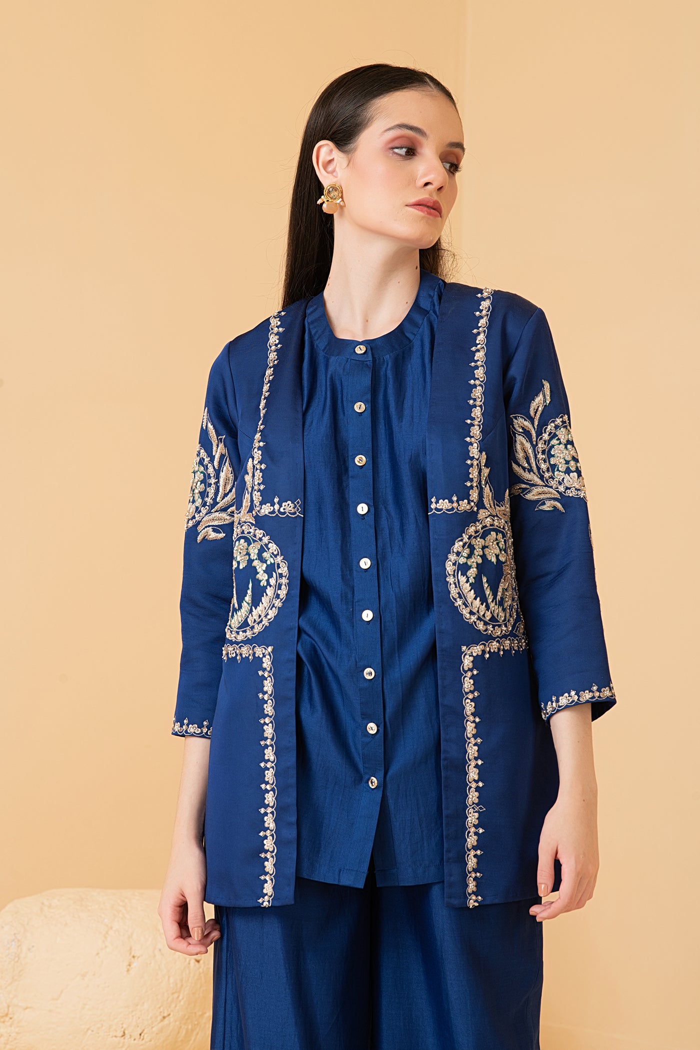 Blue modal satin jacket with chanderi sleeveless  top and chanderi pants