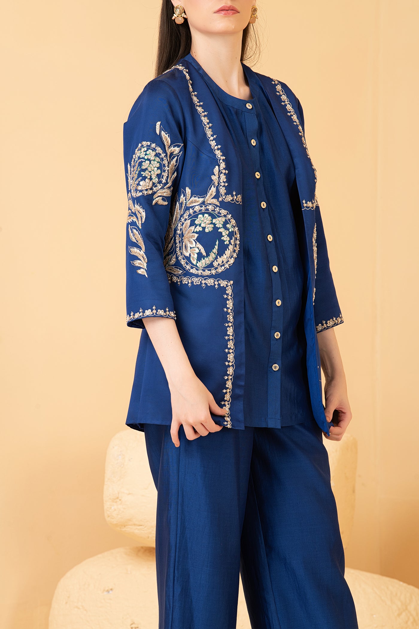 Blue modal satin jacket with chanderi sleeveless  top and chanderi pants