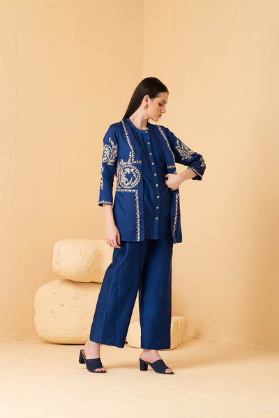 Blue modal satin jacket with chanderi sleeveless  top and chanderi pants