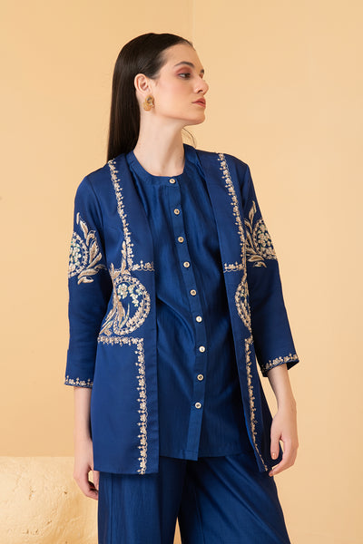 Blue modal satin jacket with chanderi sleeveless  top and chanderi pants