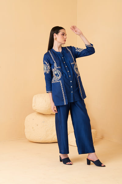 Blue modal satin jacket with chanderi sleeveless  top and chanderi pants