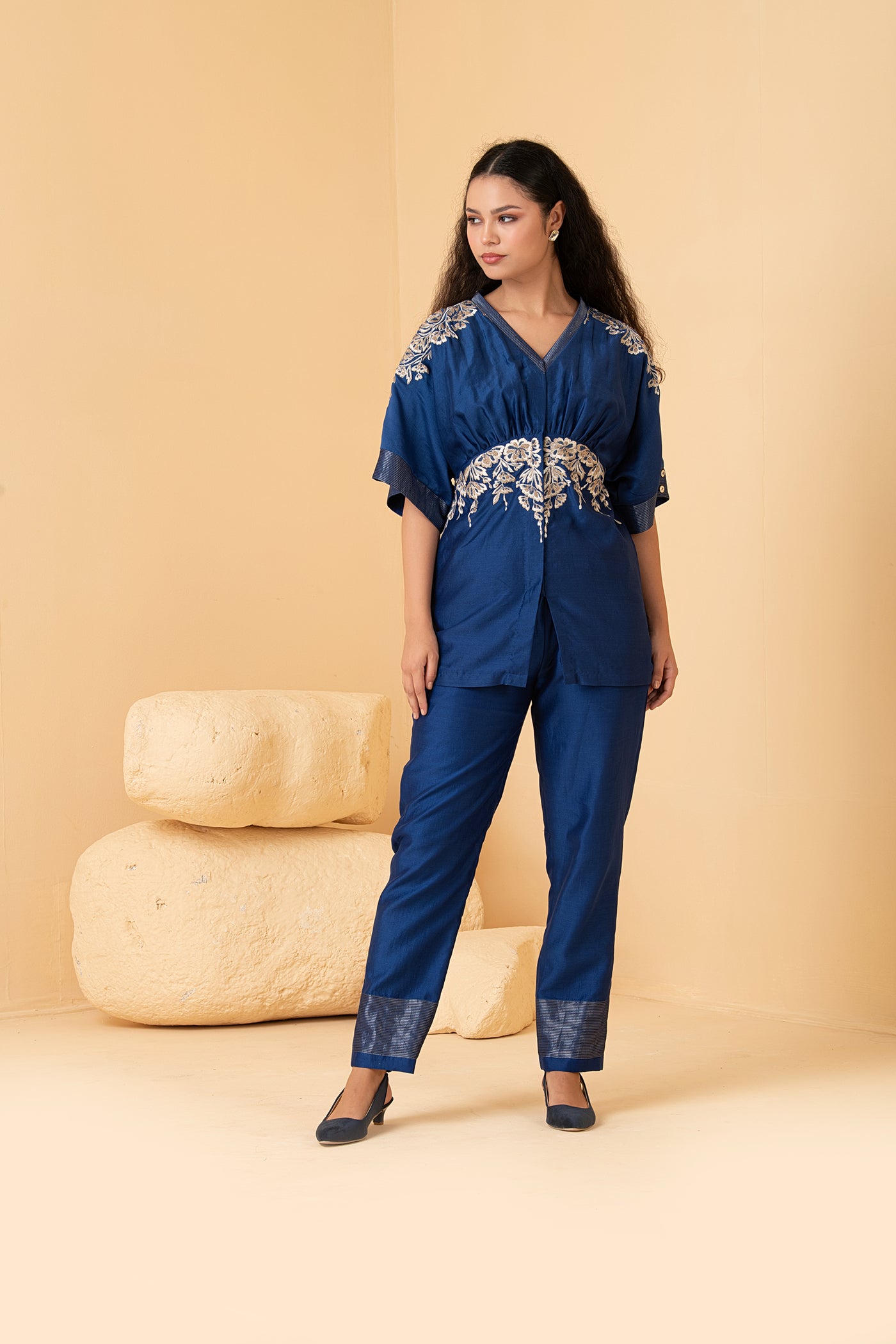 Blue chanderi long top with chanderi pants