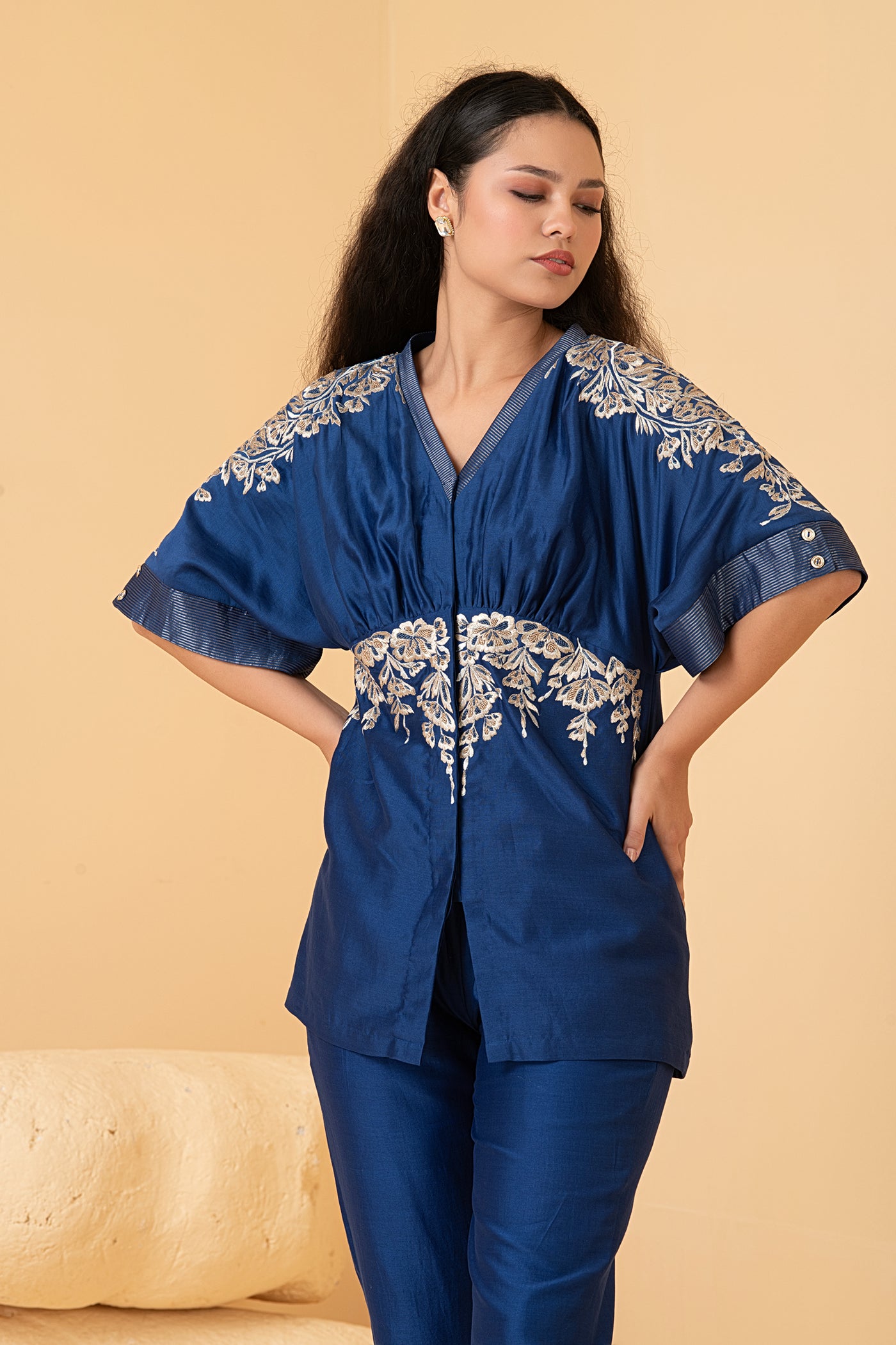 Blue chanderi long top with chanderi pants