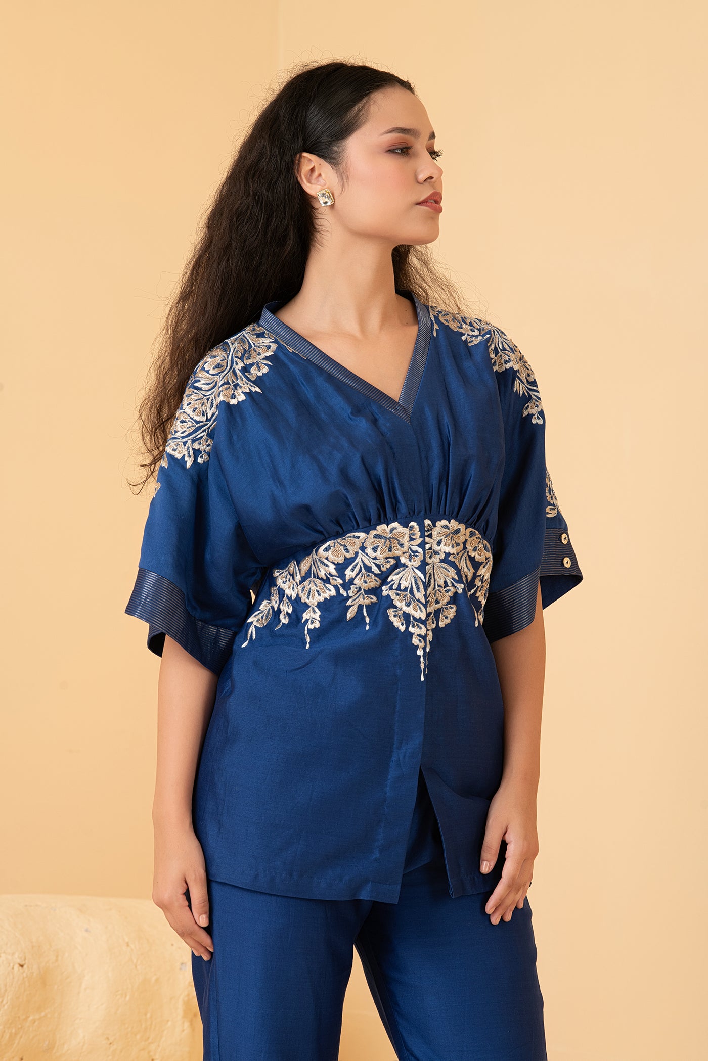 Blue chanderi long top with chanderi pants