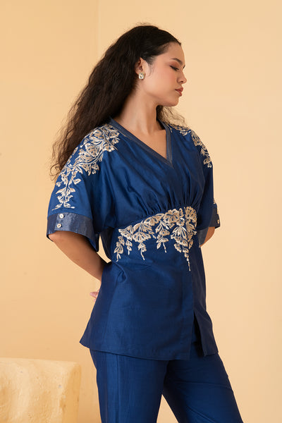 Blue chanderi long top with chanderi pants