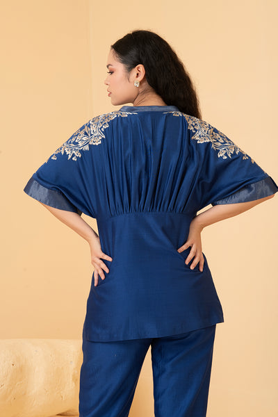 Blue chanderi long top with chanderi pants