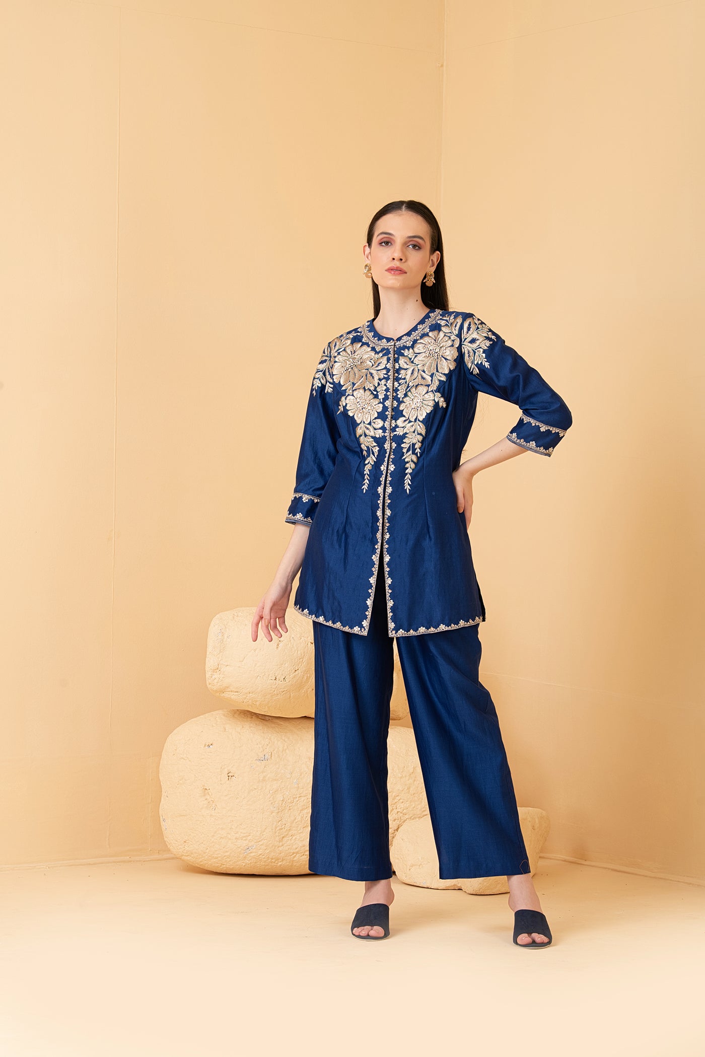 Blue chanderi long top and  palazo pants