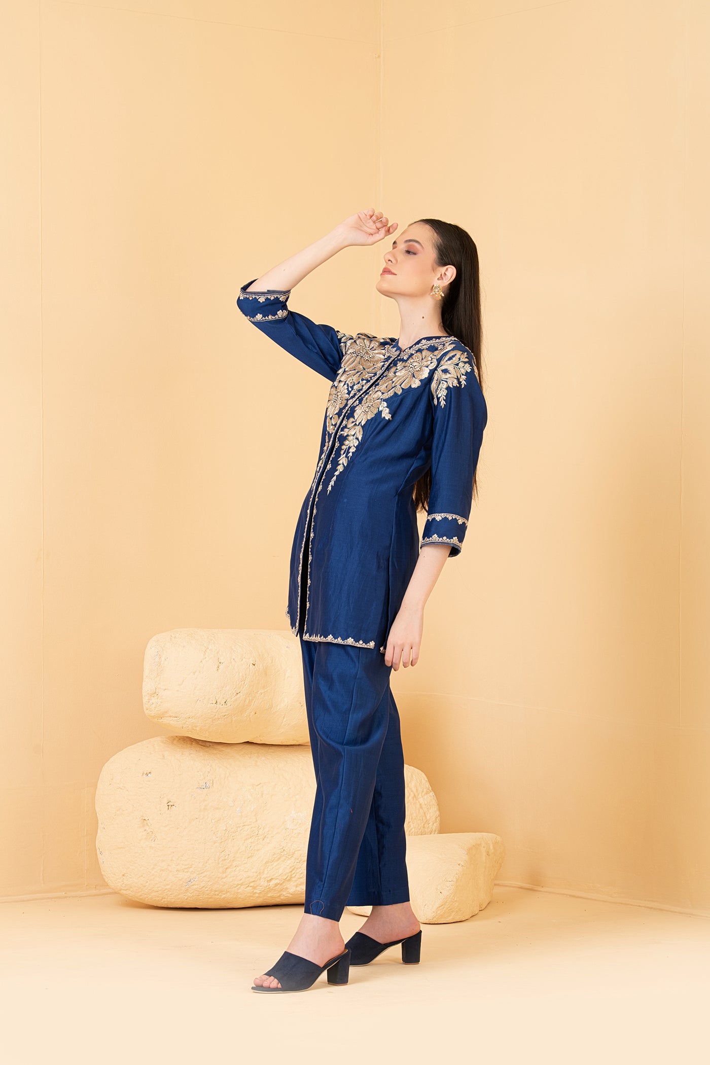 Blue chanderi long top and  palazo pants