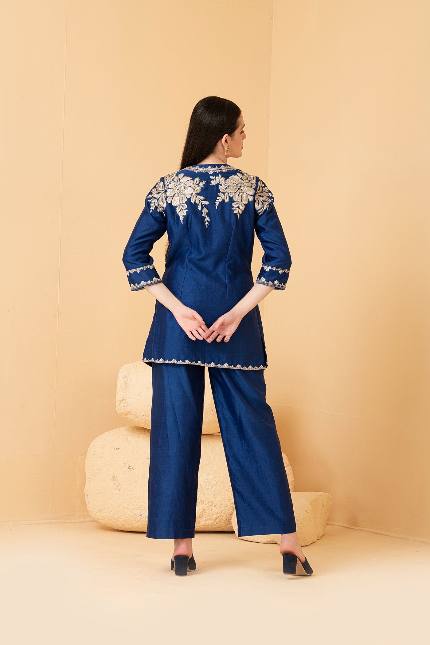 Blue chanderi long top and  palazo pants