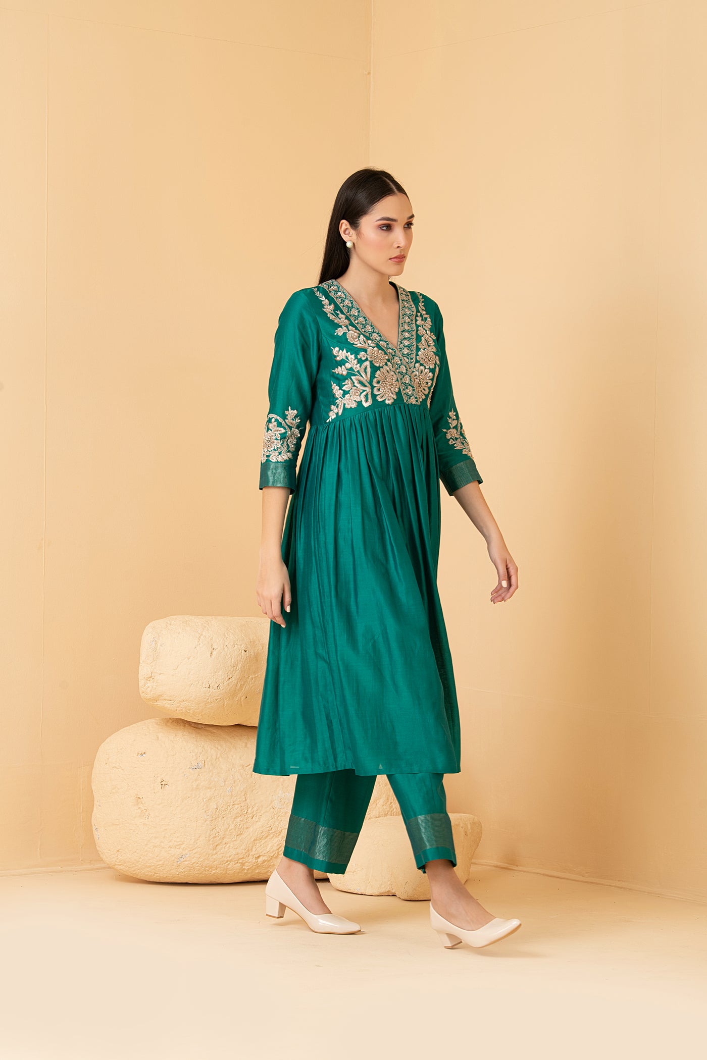 Green chanderi flare tunic with chanderi palazo pants