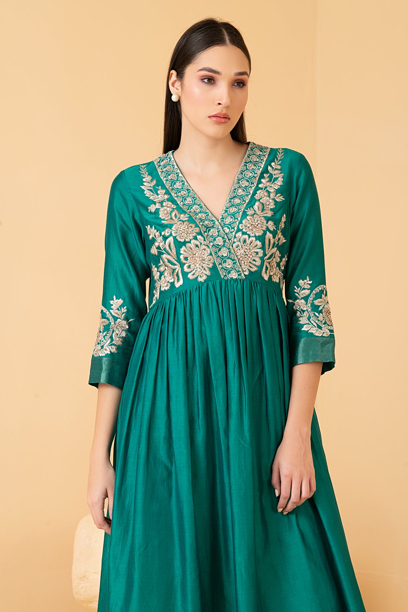 Green chanderi flare tunic with chanderi palazo pants