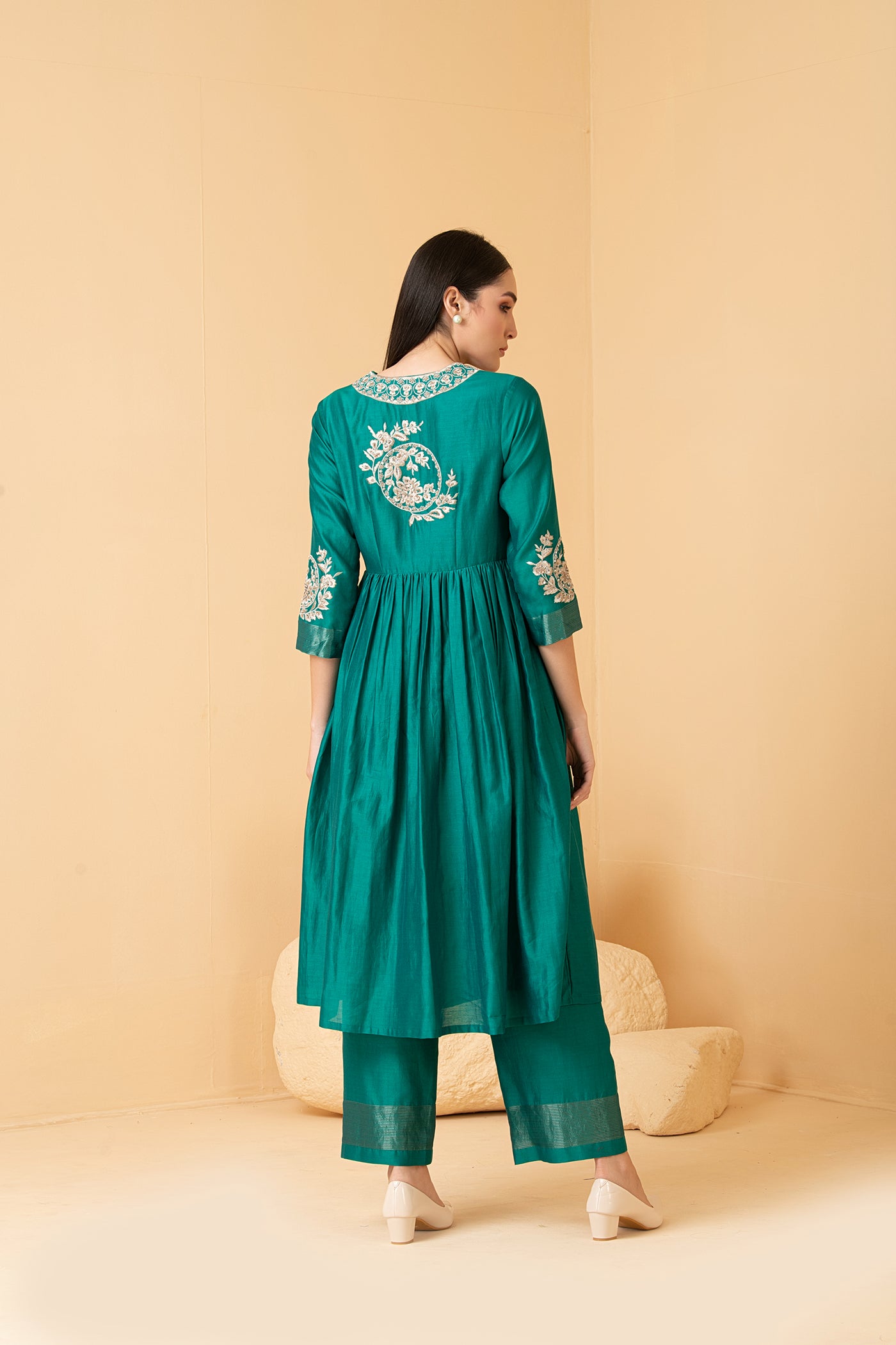 Green chanderi flare tunic with chanderi palazo pants