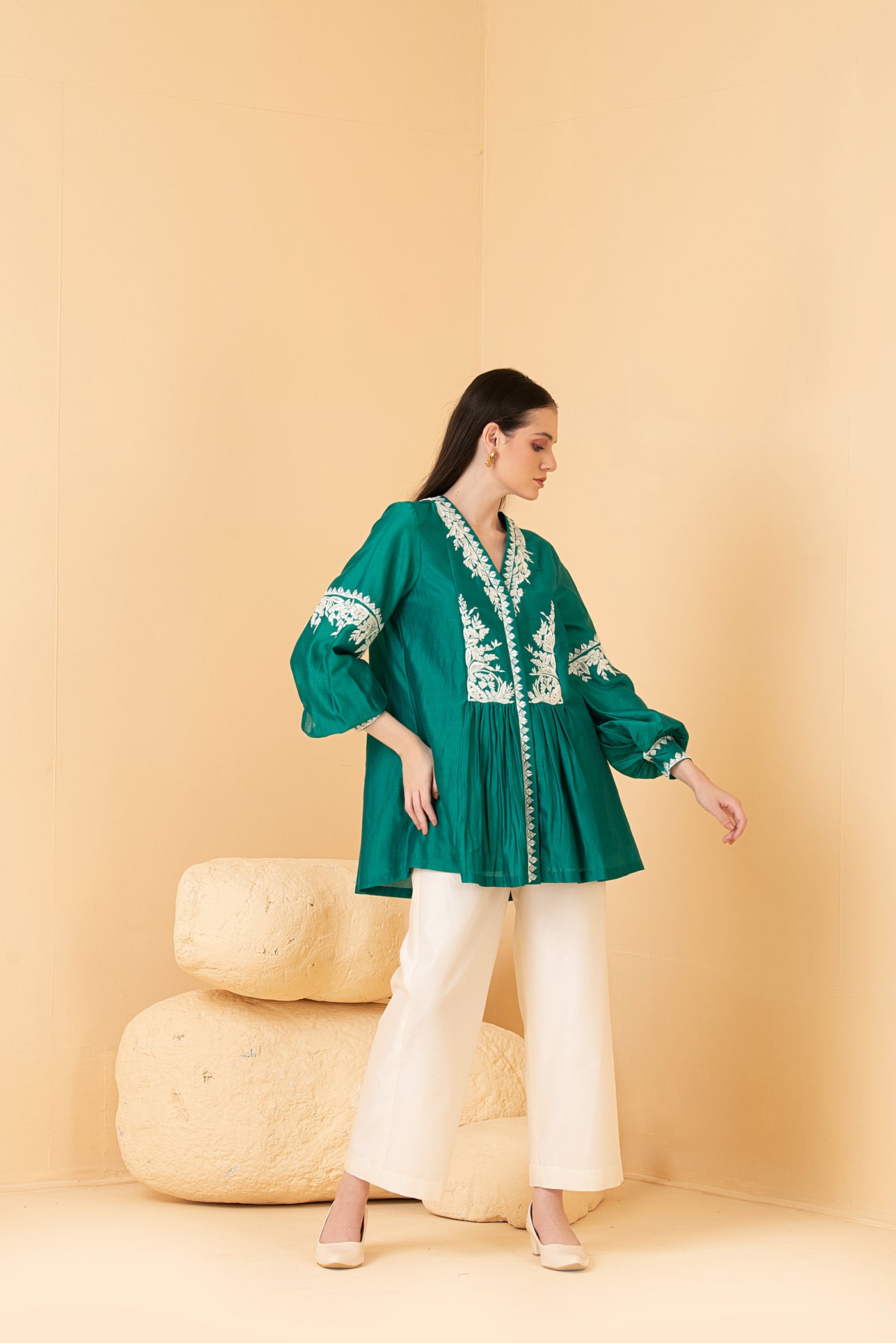 Green chanderi top with off white  chanderi palazo pants