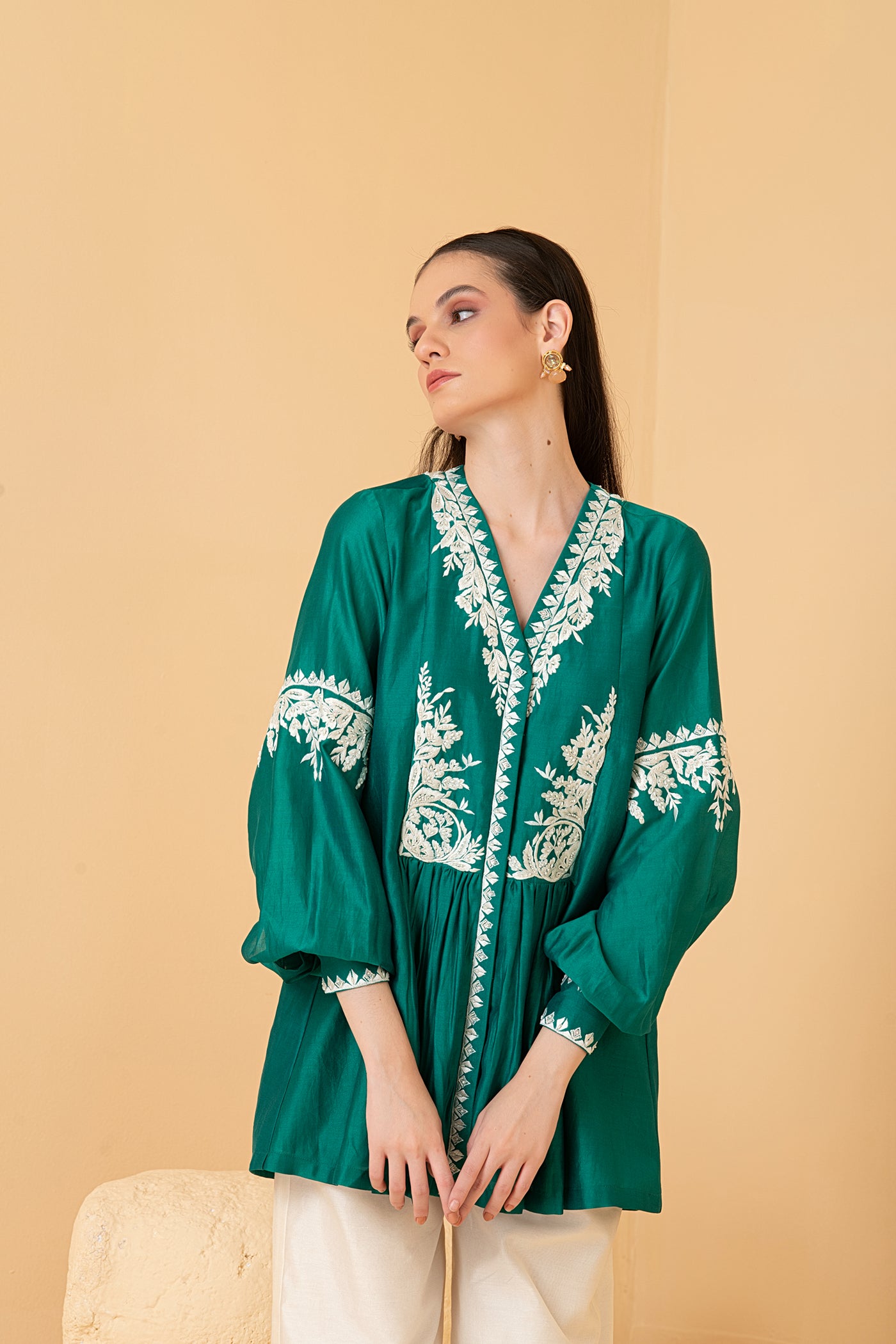 Green chanderi top with off white  chanderi palazo pants