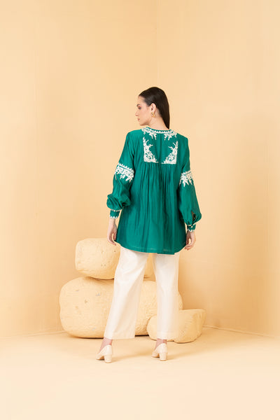 Green chanderi top with off white  chanderi palazo pants