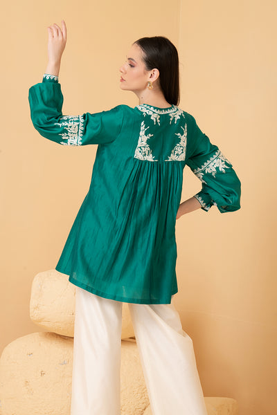 Green chanderi top with off white  chanderi palazo pants