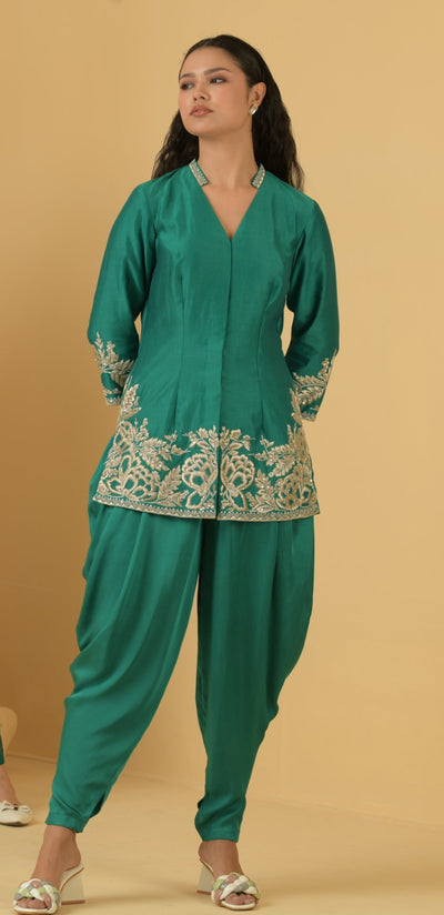 Green chanderi long top with modal satin dhoti pants