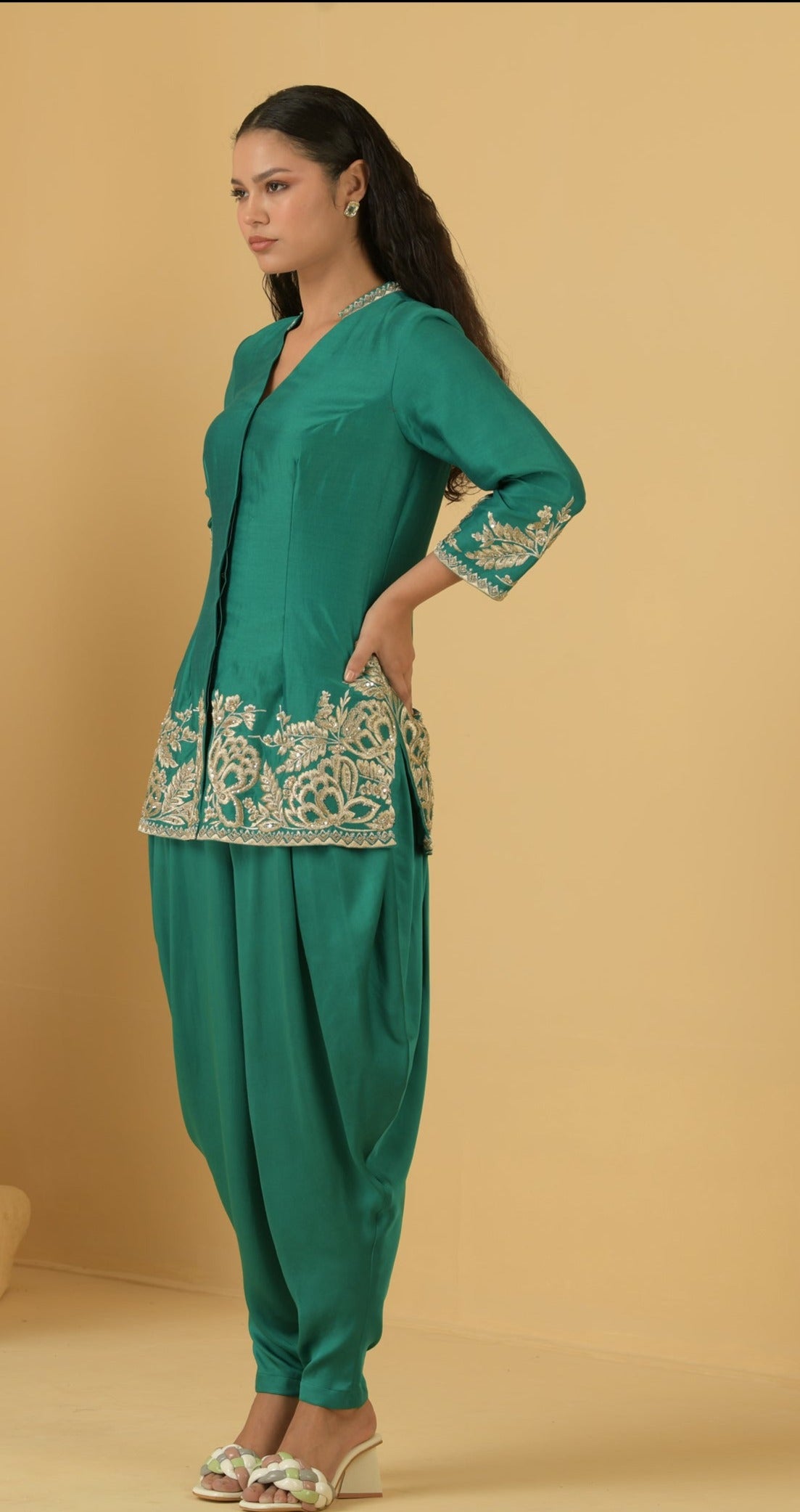 Green chanderi long top with modal satin dhoti pants