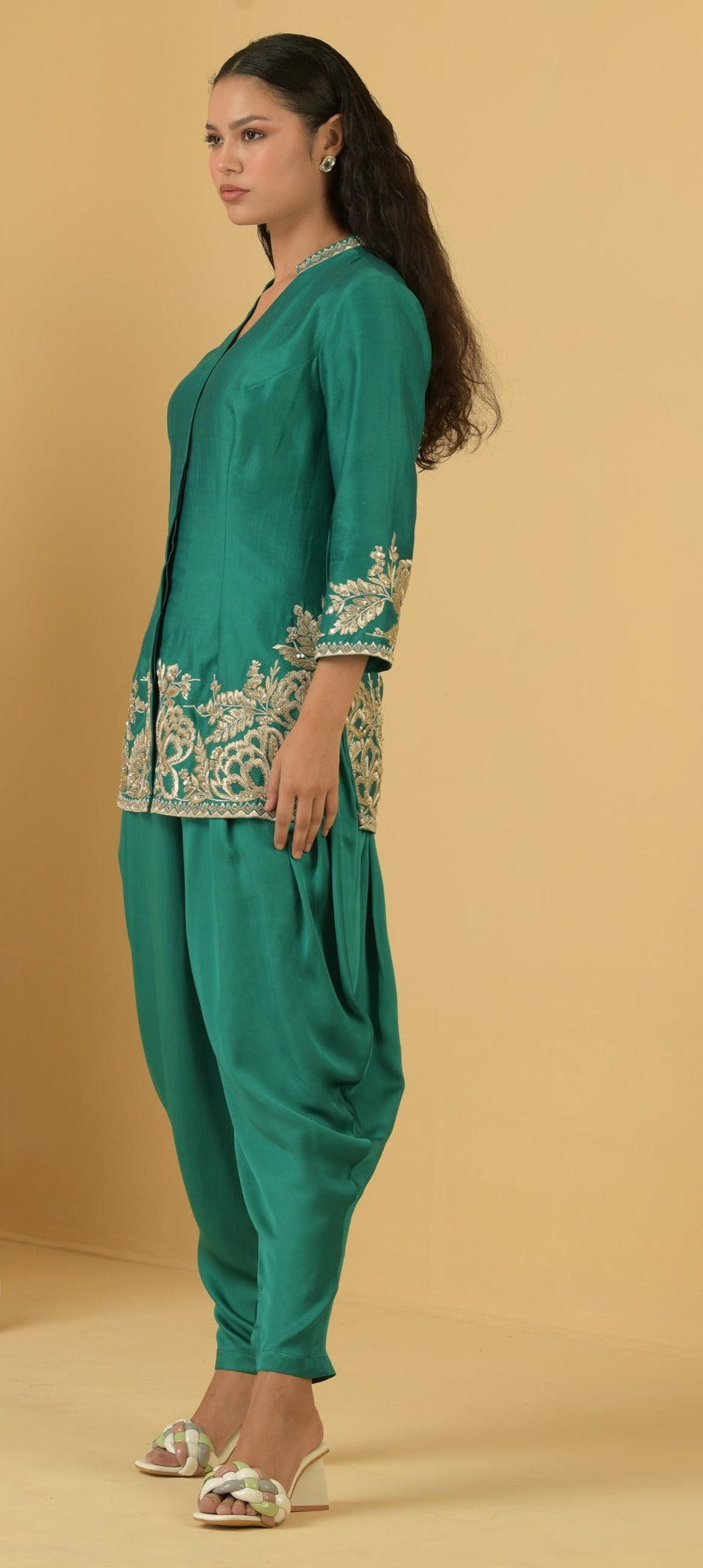 Green chanderi long top with modal satin dhoti pants