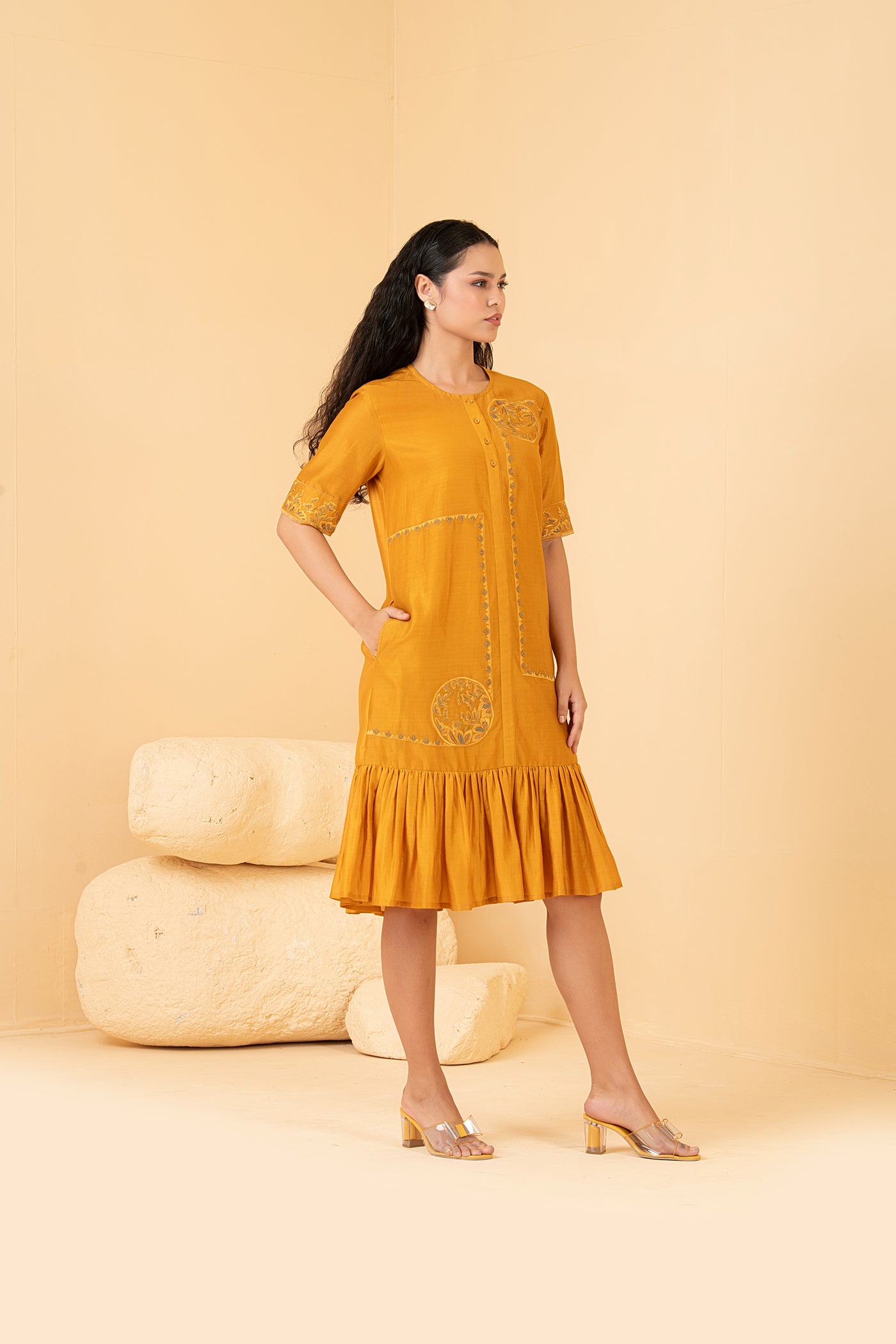 Mustard chanderi anti fit dress