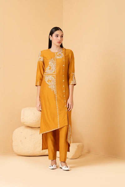 Mustard chanderi asymetrical tunic with chanderi pants