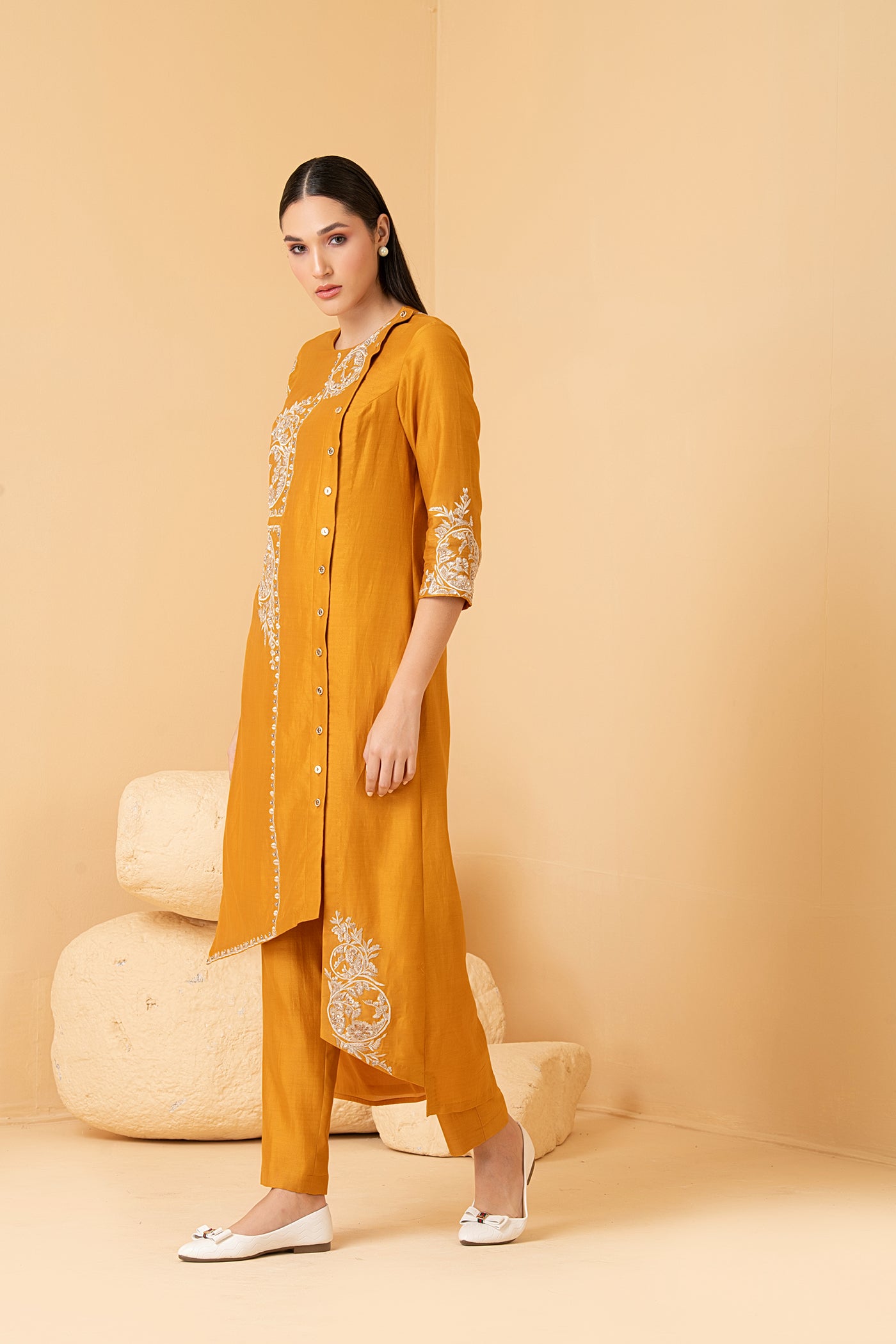 Mustard chanderi asymetrical tunic with chanderi pants