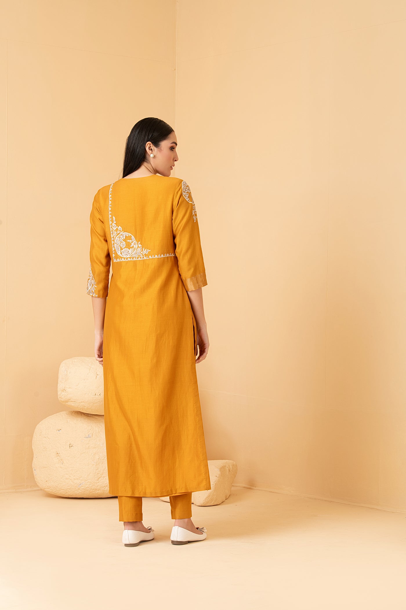 Mustard chanderi asymetrical tunic with chanderi pants