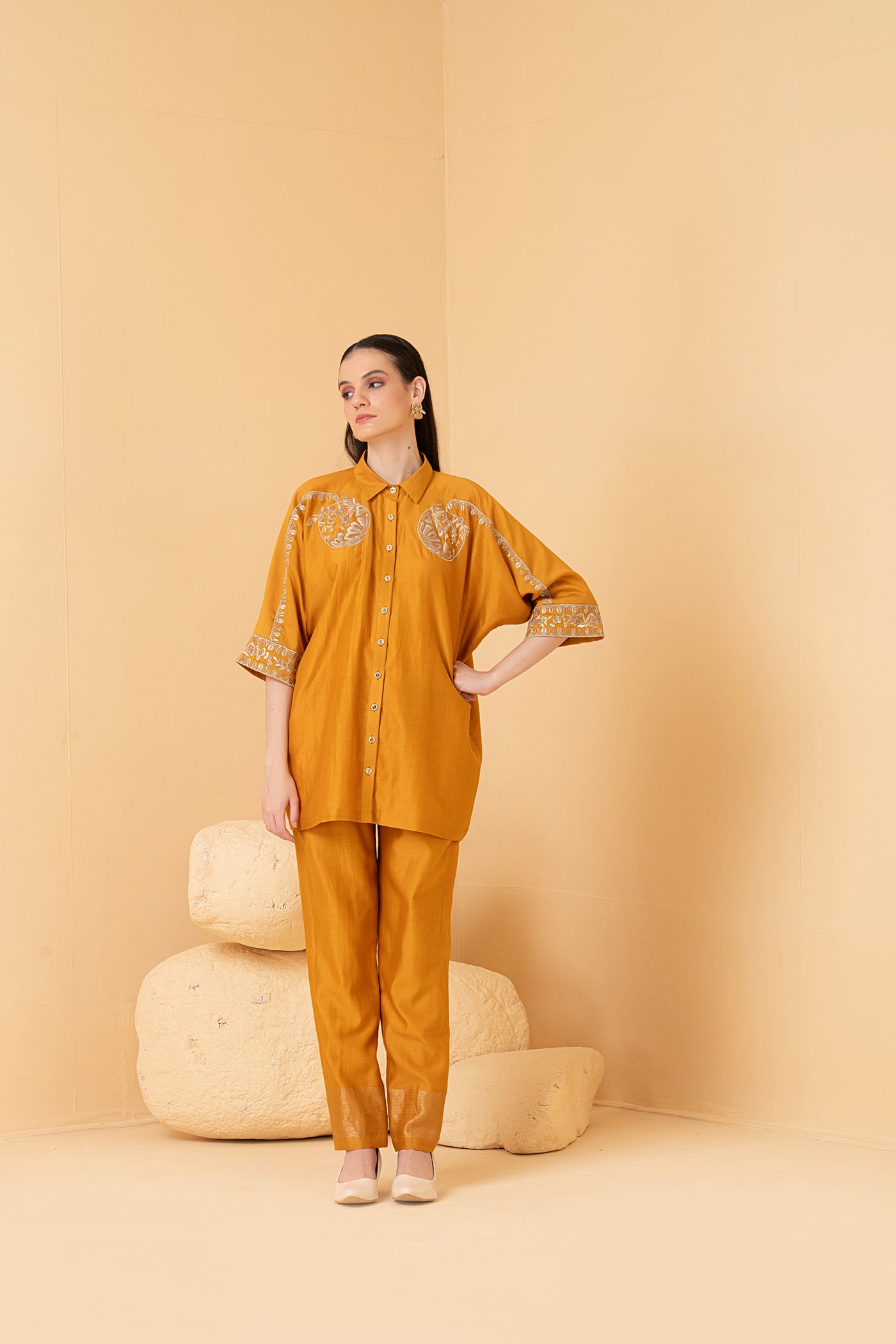 Mustard chanderi Kaftan top with chanderi pants