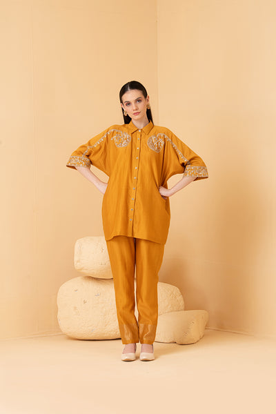 Mustard chanderi Kaftan top with chanderi pants