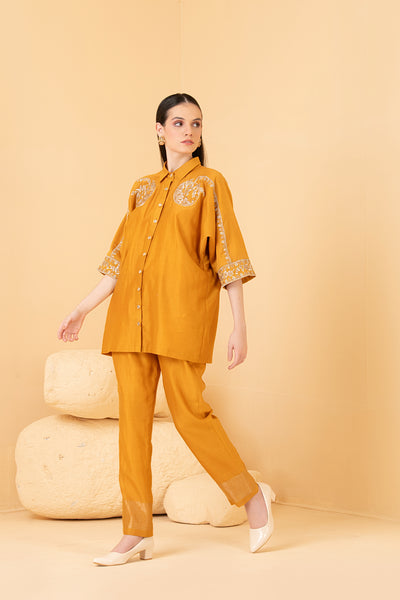 Mustard chanderi Kaftan top with chanderi pants