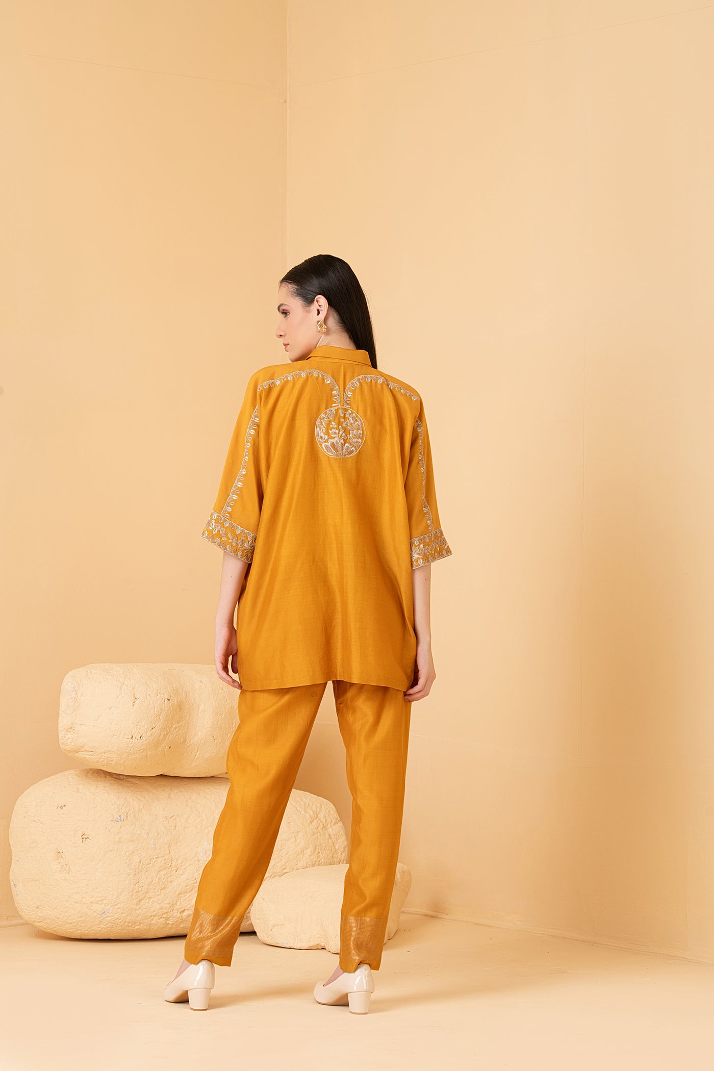 Mustard chanderi Kaftan top with chanderi pants