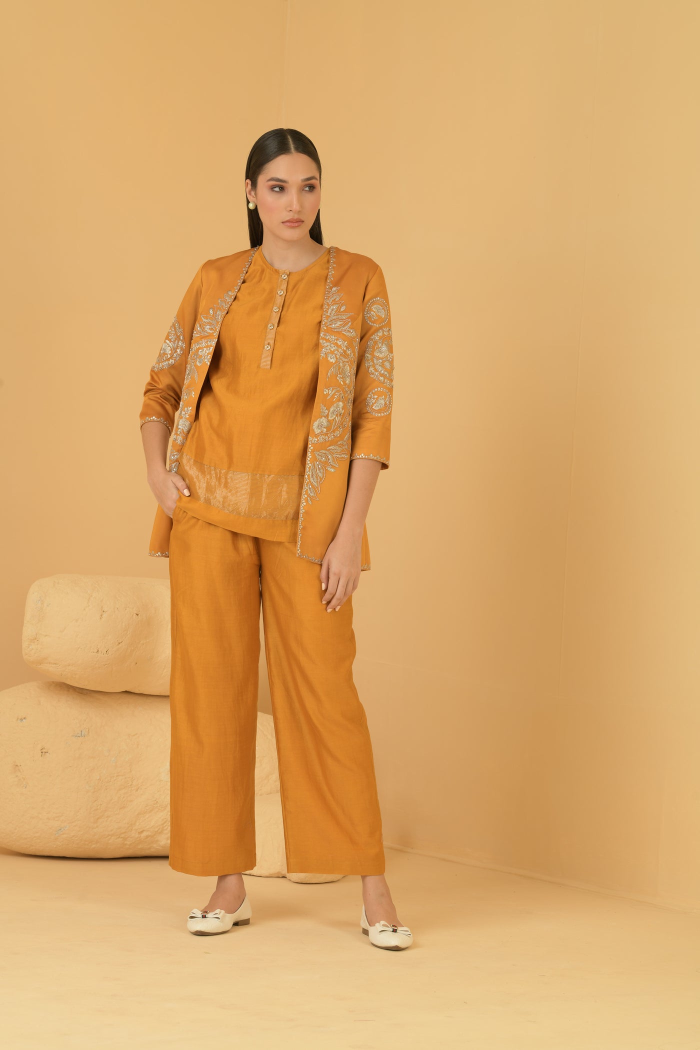 Mustard modal satin jacket with chanderi sleeveless  top with self zari and pants