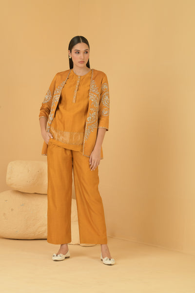 Mustard modal satin jacket with chanderi sleeveless  top with self zari and pants