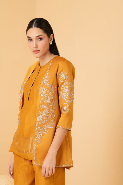 Mustard modal satin jacket with chanderi sleeveless  top with self zari and pants