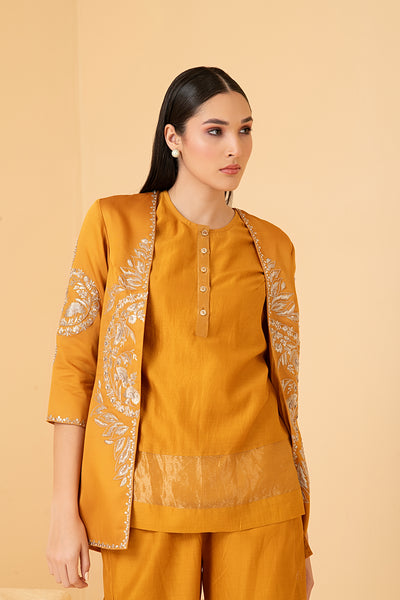 Mustard modal satin jacket with chanderi sleeveless  top with self zari and pants