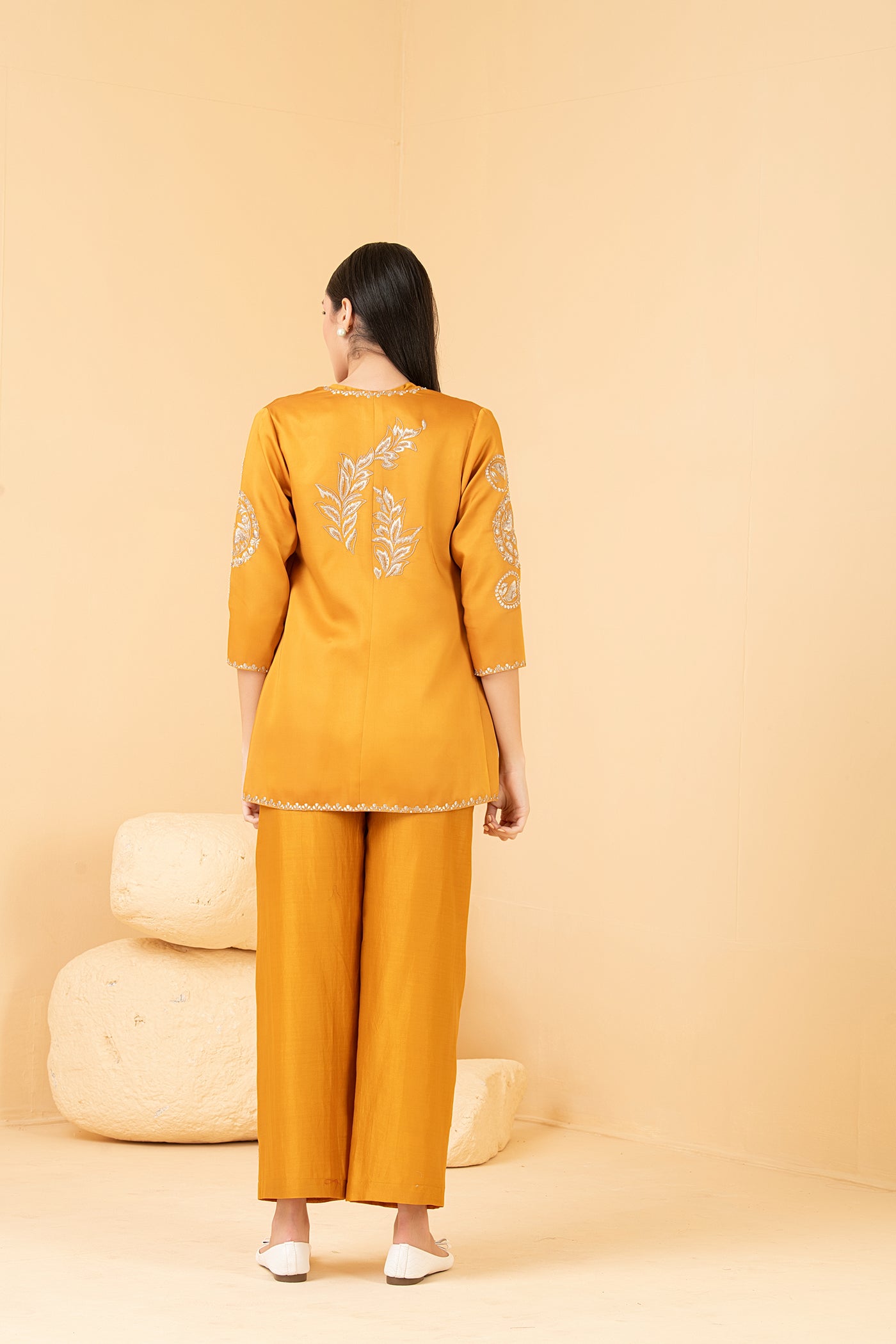 Mustard modal satin jacket with chanderi sleeveless  top with self zari and pants