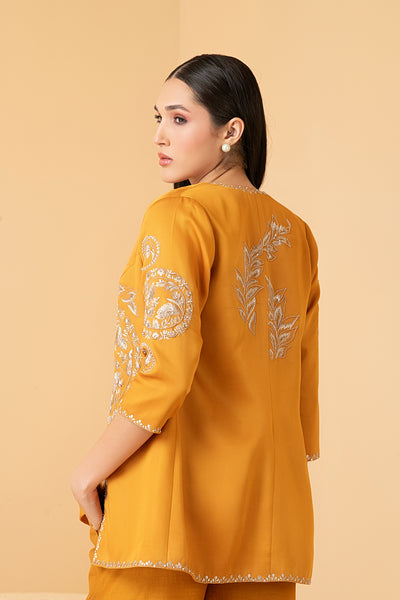 Mustard modal satin jacket with chanderi sleeveless  top with self zari and pants