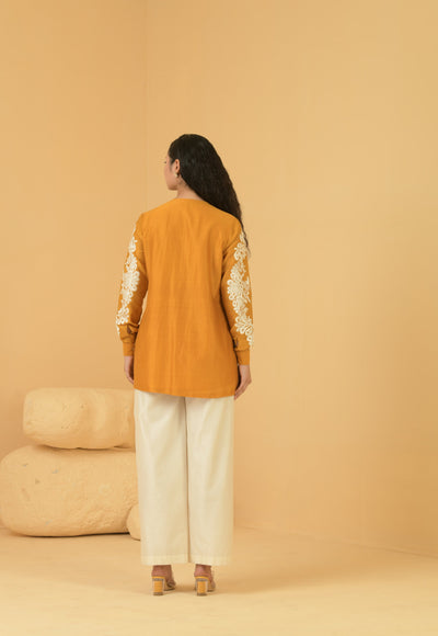 Mustard chanderi pleated top with off white chanderi palazo pants