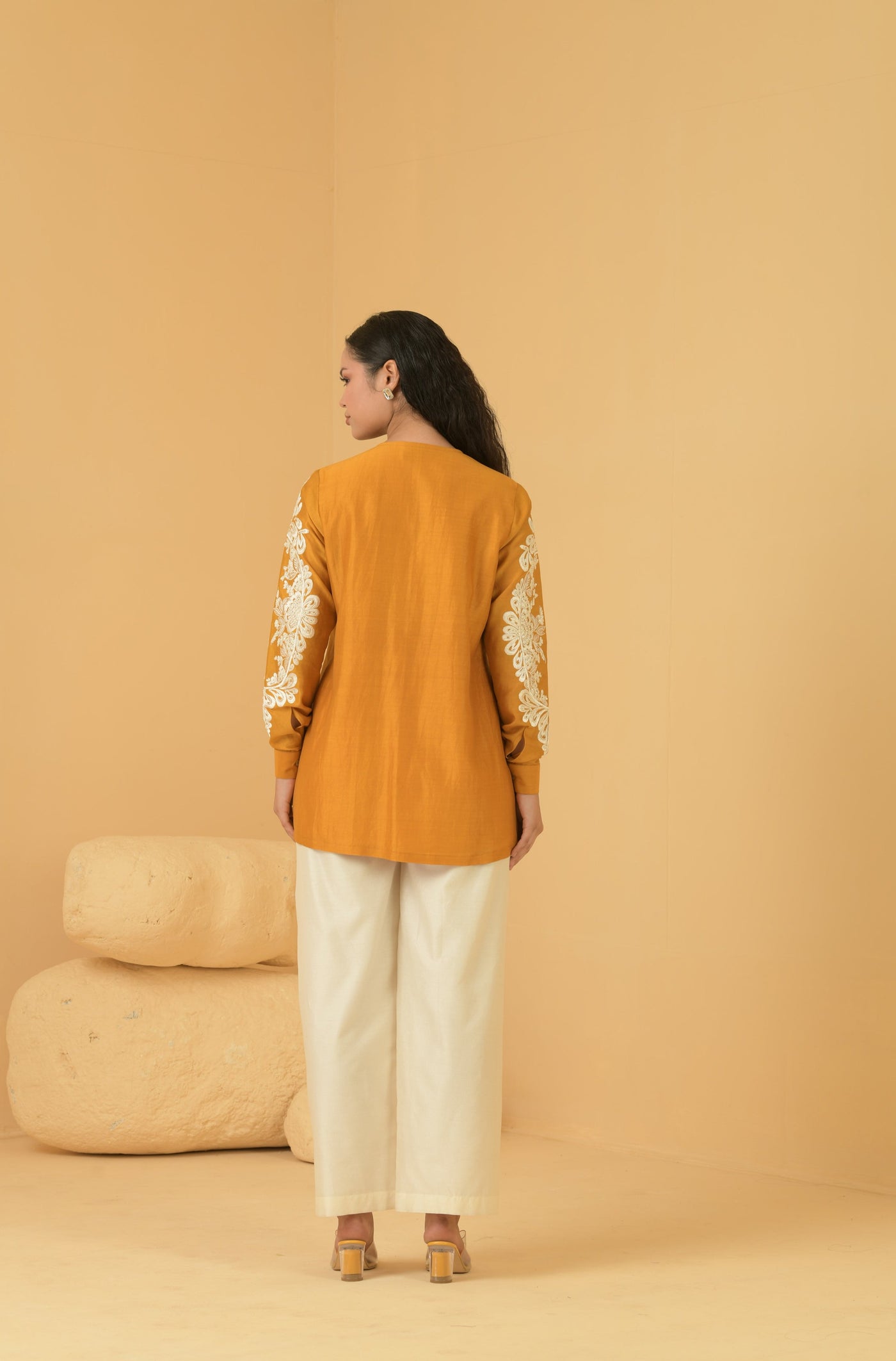 Mustard chanderi pleated top with off white chanderi palazo pants