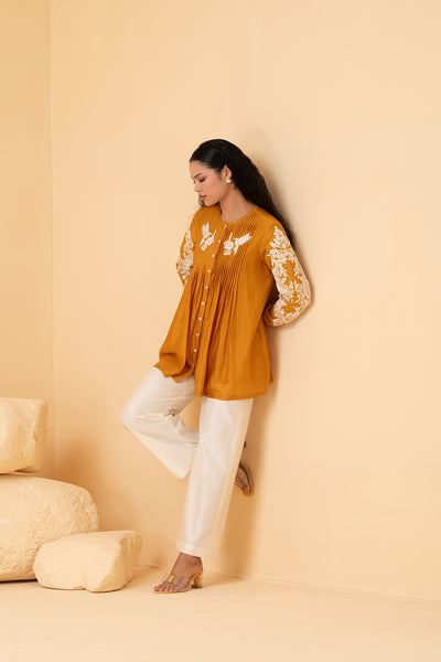 Mustard chanderi pleated top with off white chanderi palazo pants