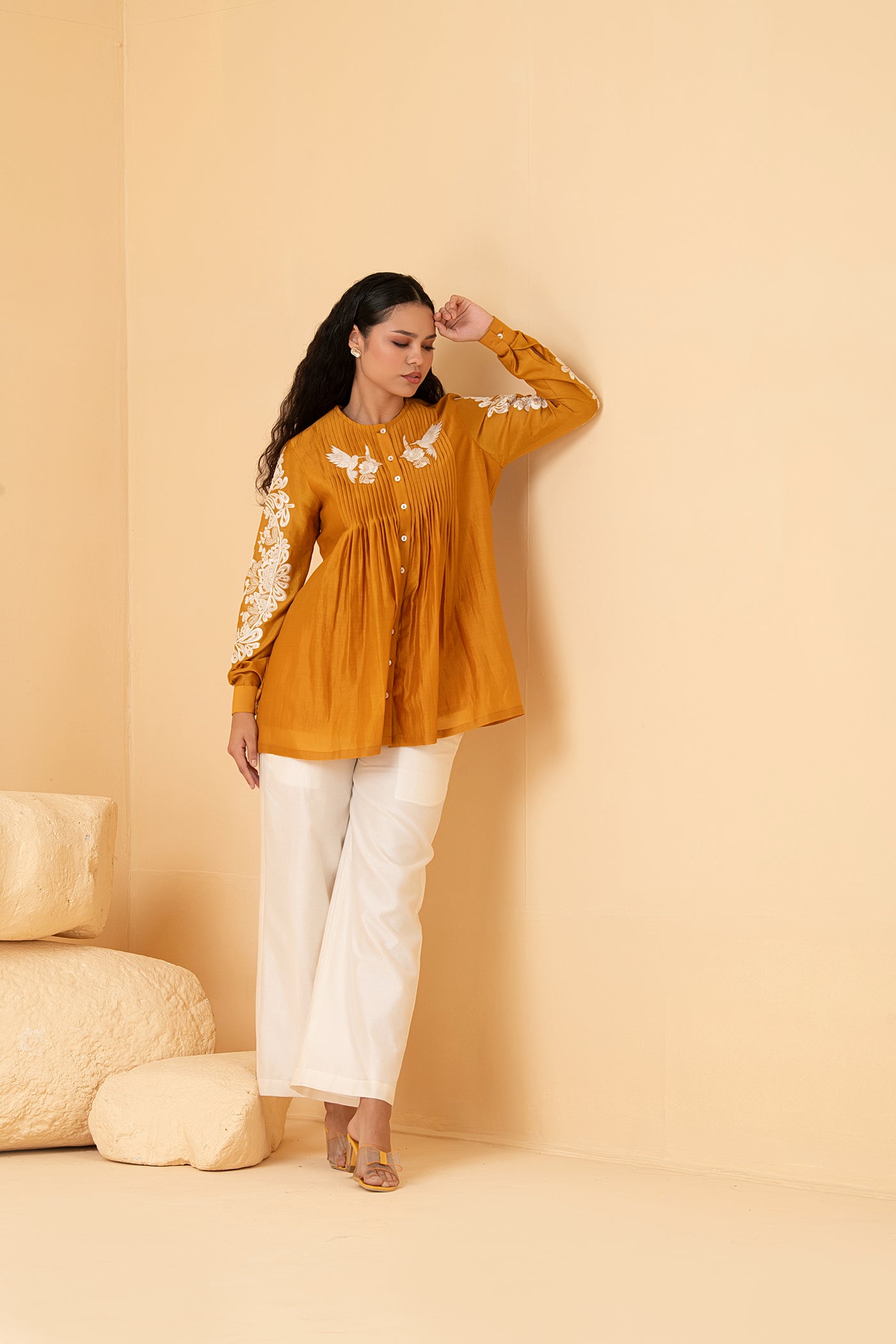 Mustard chanderi pleated top with off white chanderi palazo pants