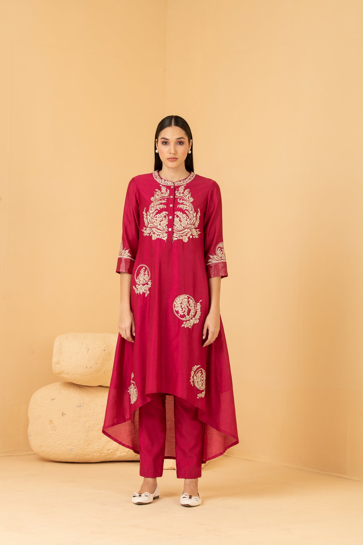 Fuschia chanderi asymetrical tunic with chanderi pants