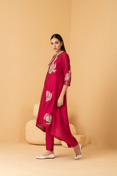 Fuschia chanderi asymetrical tunic with chanderi pants