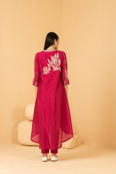 Fuschia chanderi asymetrical tunic with chanderi pants