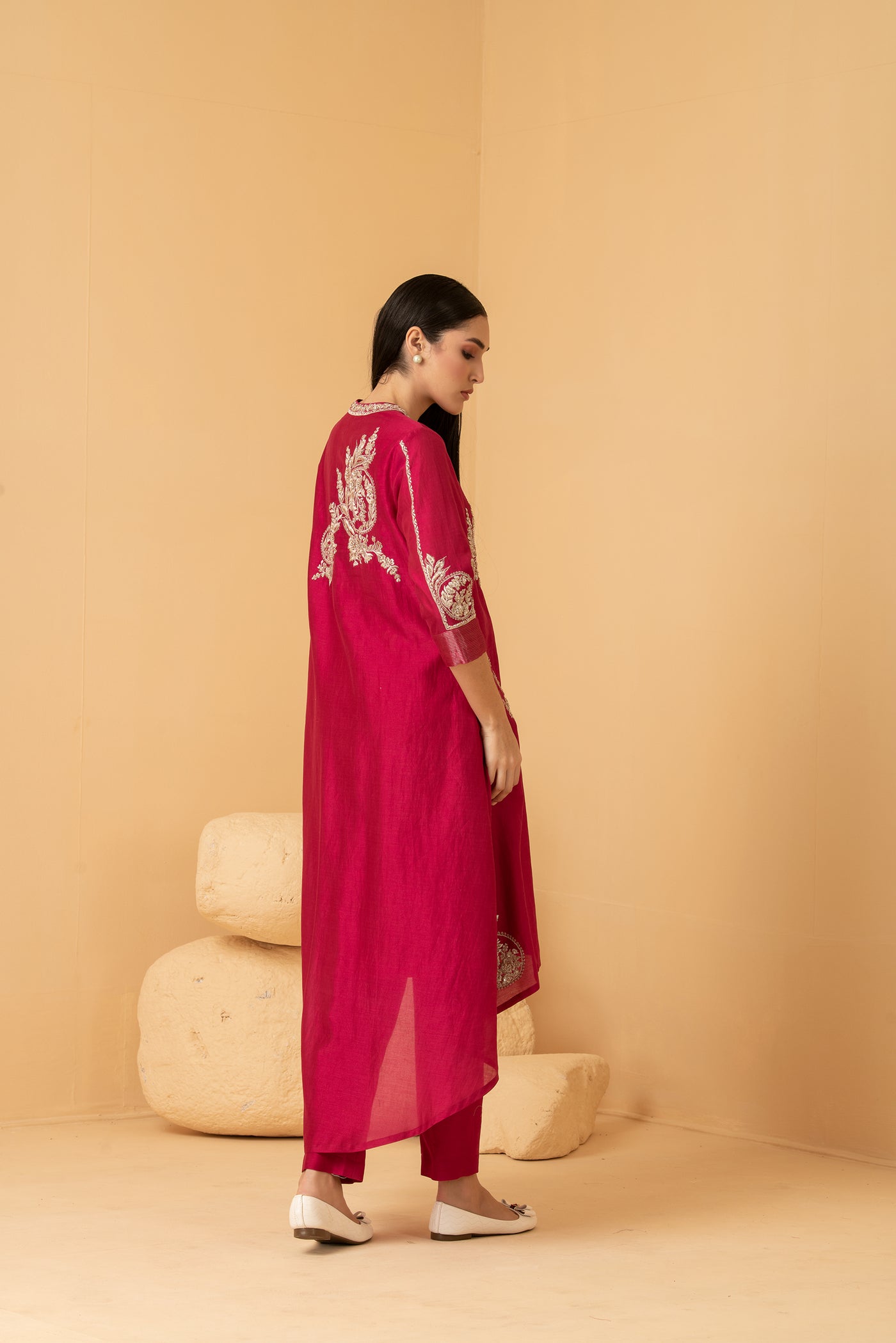 Fuschia chanderi asymetrical tunic with chanderi pants