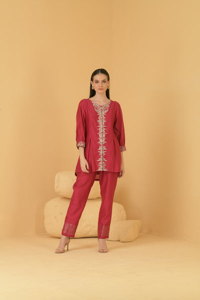 Fuschia chanderi long top with chanderi pants