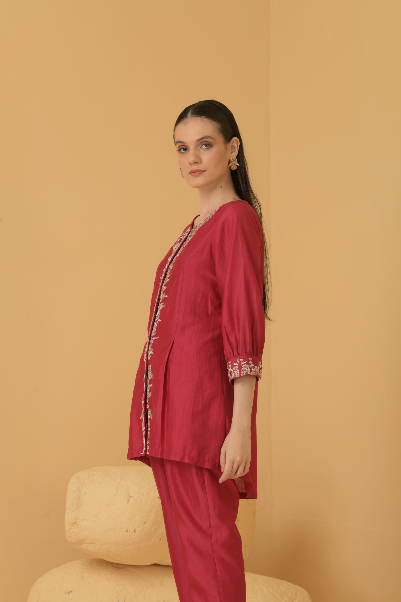 Fuschia chanderi long top with chanderi pants